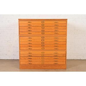 Mid-Century Modern Oak 15-Drawer Architect's Blueprint Flat File Cabinet