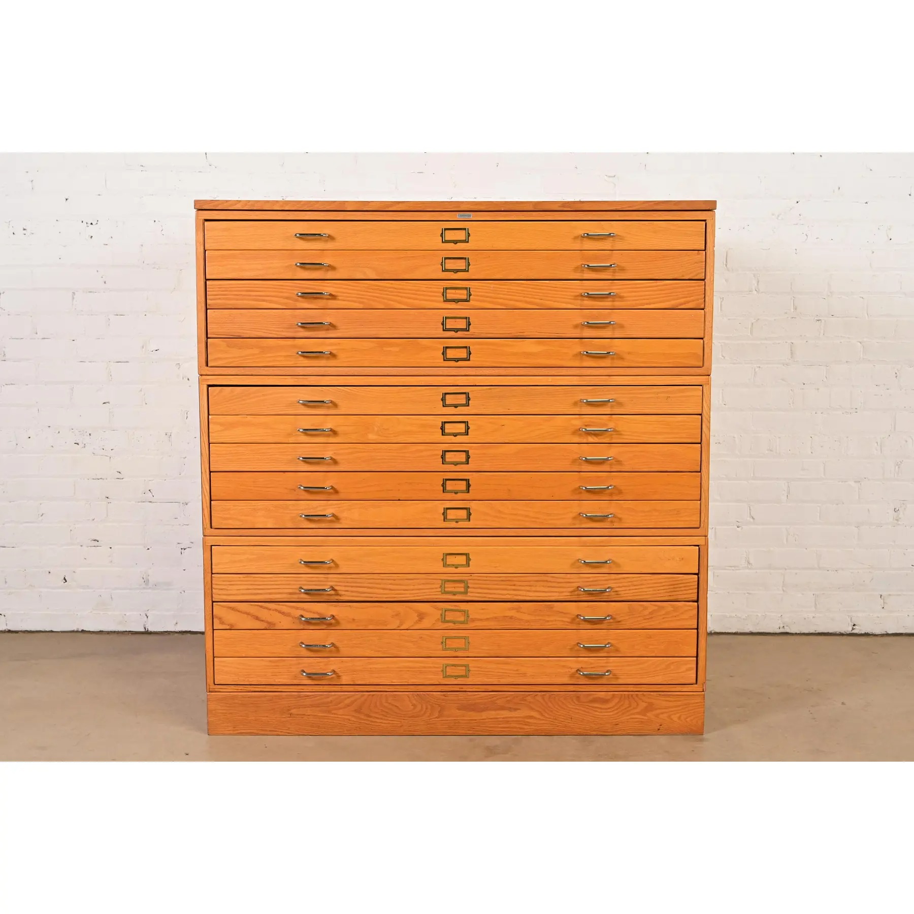 Mid-Century Modern Oak 15-Drawer Architect's Blueprint Flat File Cabinet
