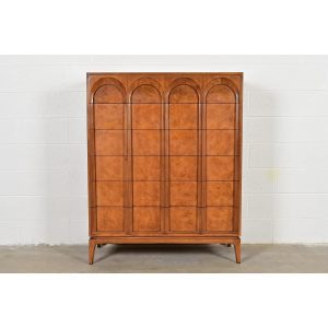 T. H. Robsjohn-Gibbings Style Cherry and Burl Wood Highboy Dresser by Thomasville, 1960s