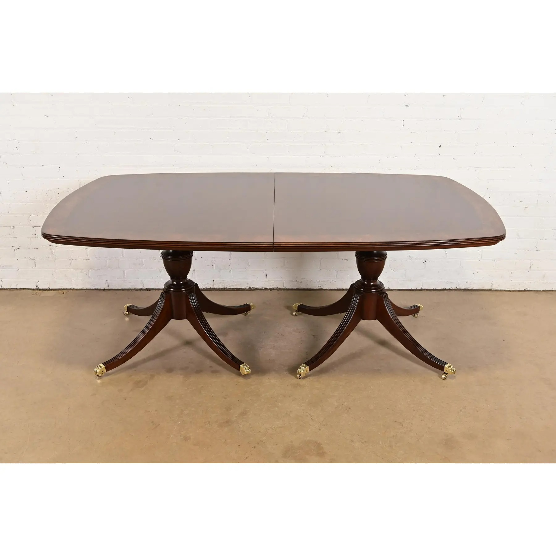 John Widdicomb Georgian Banded Mahogany Double Pedestal Extension Dining Table, Newly Refinished - Image 7