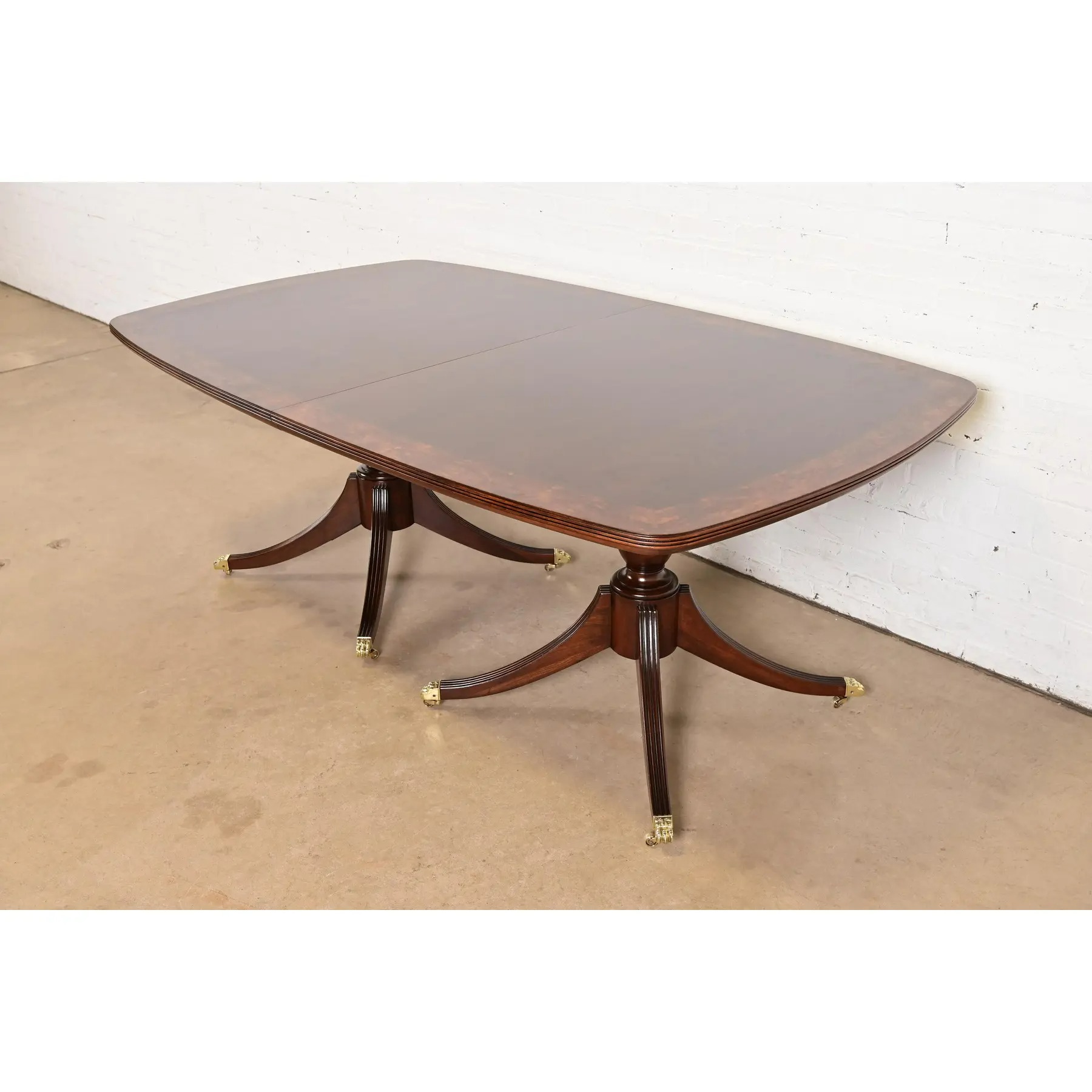 John Widdicomb Georgian Banded Mahogany Double Pedestal Extension Dining Table, Newly Refinished - Image 8