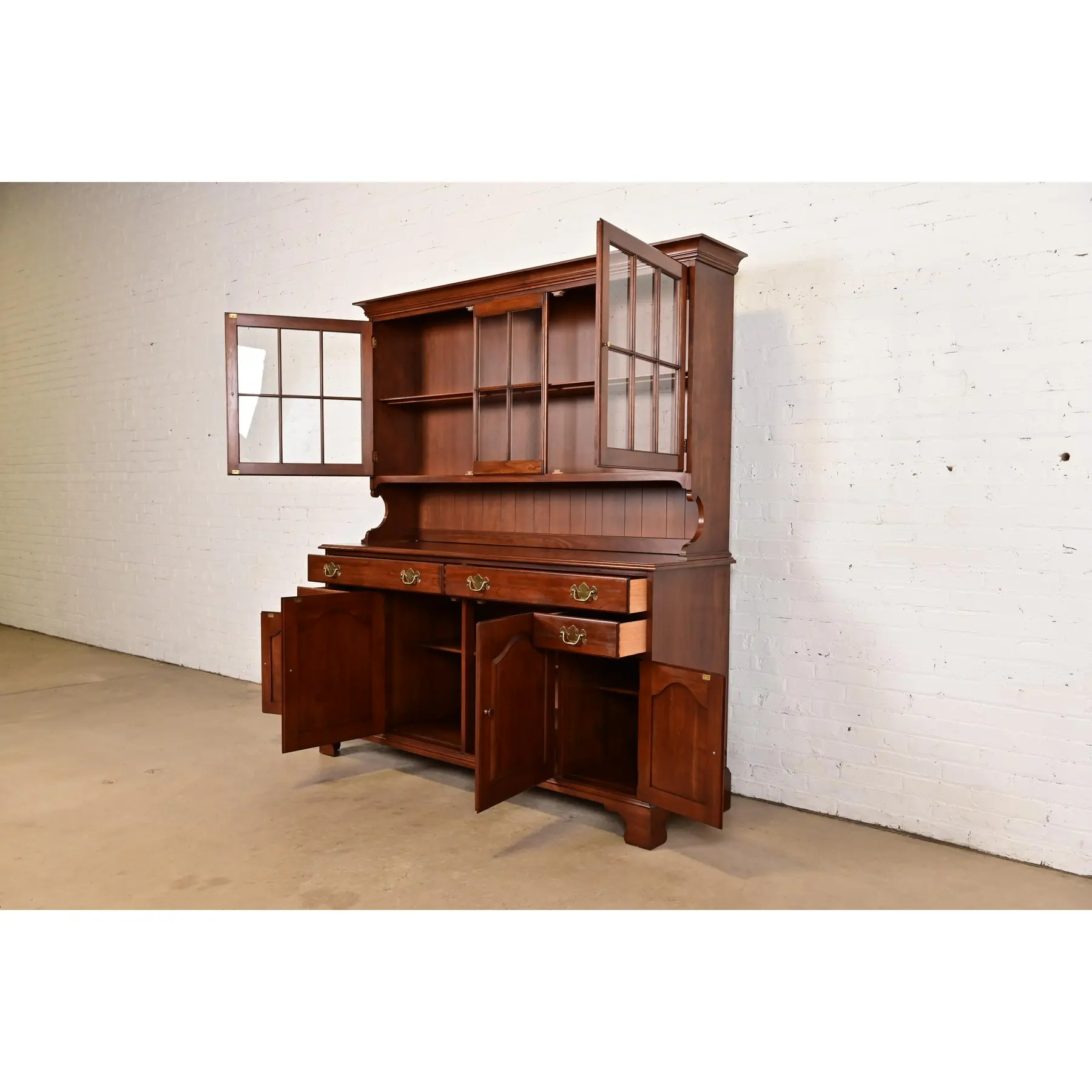 Henkel Harris American Colonial Solid Cherry Wood Breakfront or Sideboard Buffet With Hutch Top, 1977 - Image 6