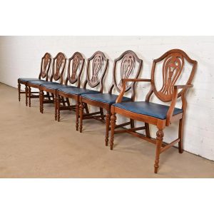 Baker Furniture Style Federal Carved Mahogany Shield Back Dining Chairs, Set of Six