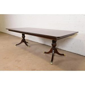 Baker Furniture Style Georgian Banded Mahogany Double Pedestal Extension Dining Table, Newly Refinished