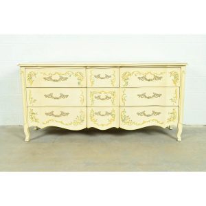 Drexel Heritage French Provincial Louis XV Cream Lacquered Paint-Decorated Triple Dresser or Credenza, 1970s