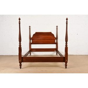 Ethan Allen Georgian Carved Solid Cherry Wood King Size Poster Bed