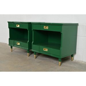John Widdicomb Mid-Century Modern Hollywood Regency Green Lacquered Nightstands, Newly Refinished