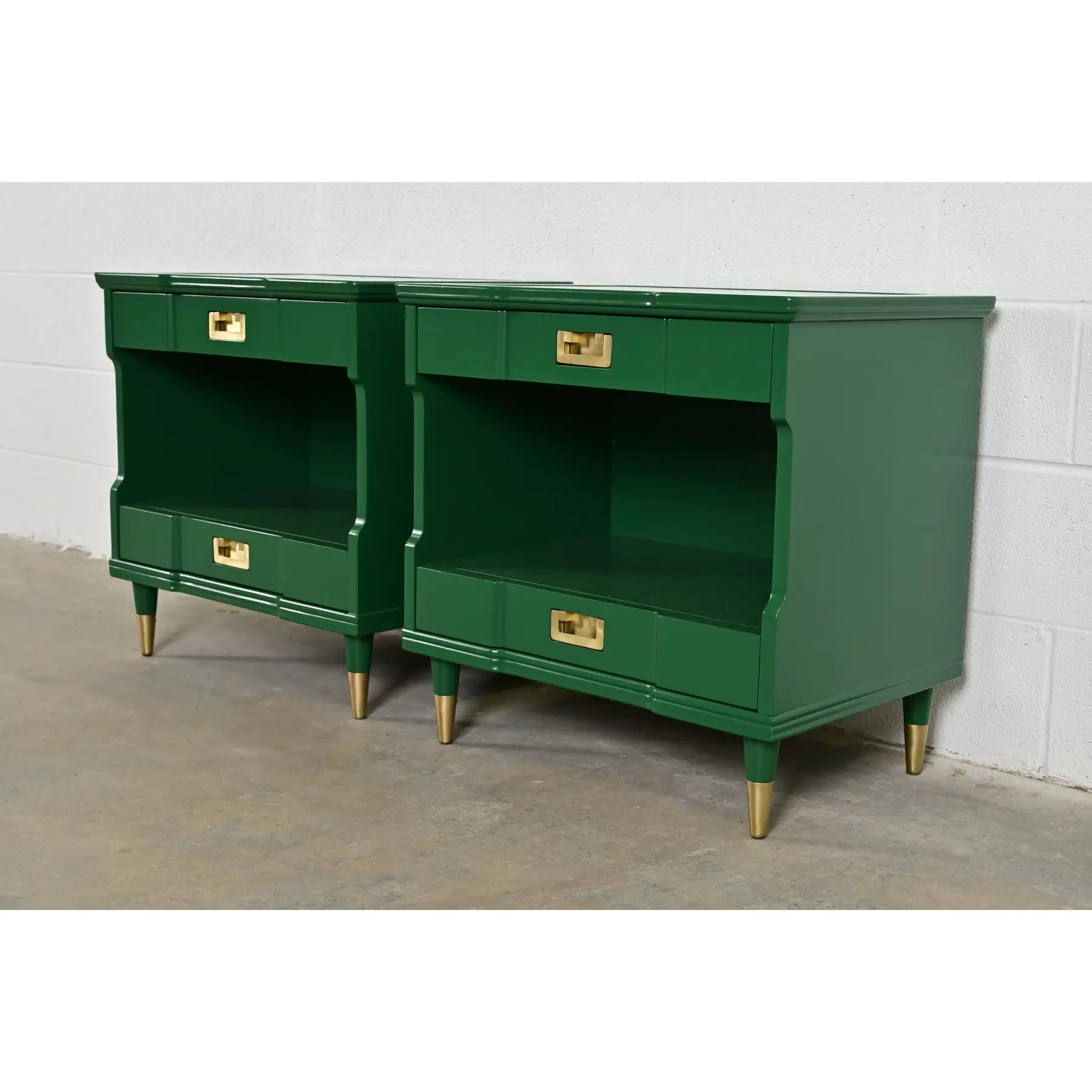 John Widdicomb Mid-Century Modern Hollywood Regency Green Lacquered Nightstands, Newly Refinished