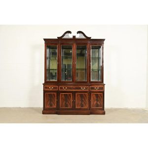 Stickley Georgian Flame Mahogany Lighted Breakfront Bookcase Cabinet