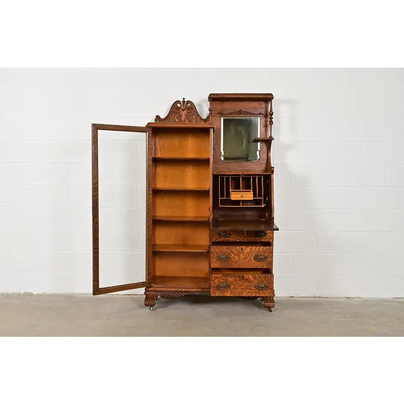 Antique Victorian Carved Tiger Oak Side-by-Side Bookcase With Drop Front Secretary Desk, Circa 1900 - Image 5