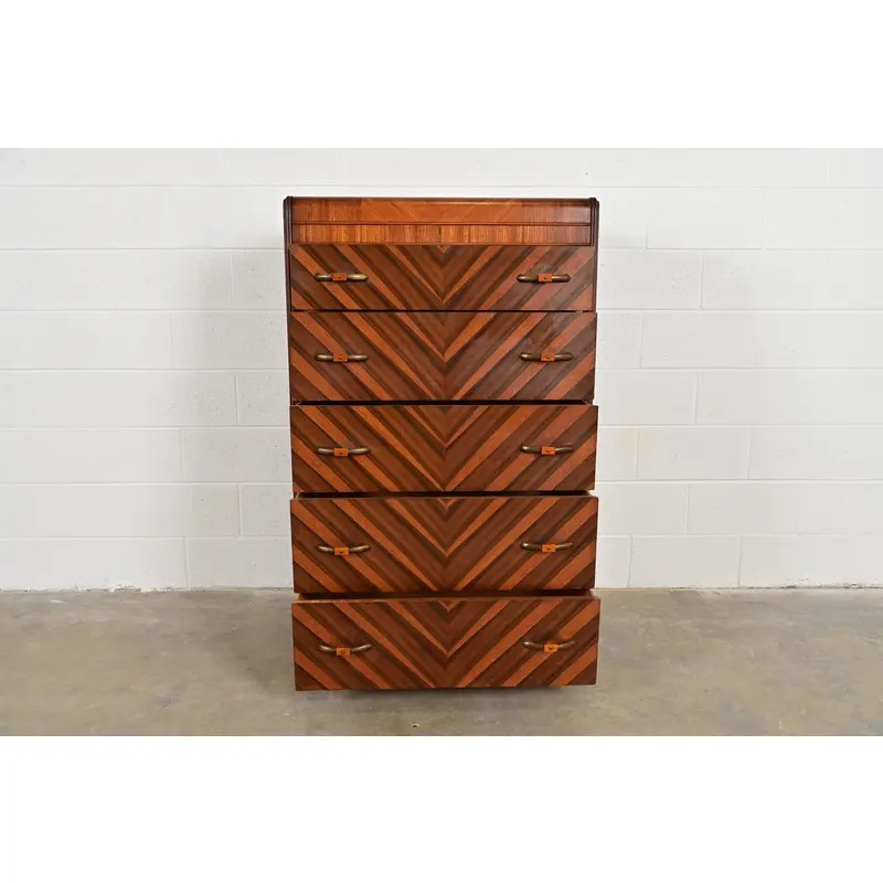 Donald Deskey Style Antique Art Deco Inlaid Walnut Waterfall Highboy Dresser or Chest of Drawers, Circa 1930s - Image 5