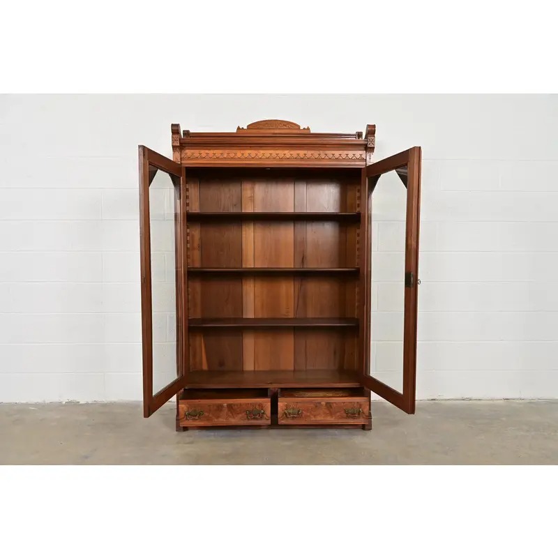 Herter Brothers Style Antique Eastlake Victorian Carved Burled Walnut Bookcase, Circa 1880s - Image 5