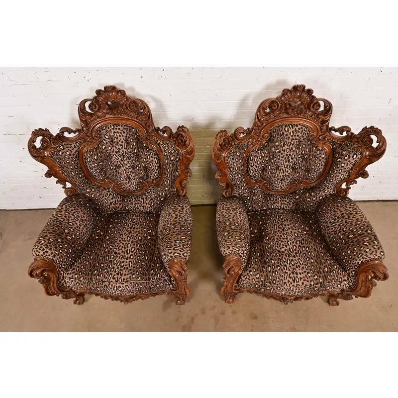 Italian Baroque Ornate Carved Walnut Throne Chairs or Lounge Chairs With Leopard Print Upholstery - Image 5