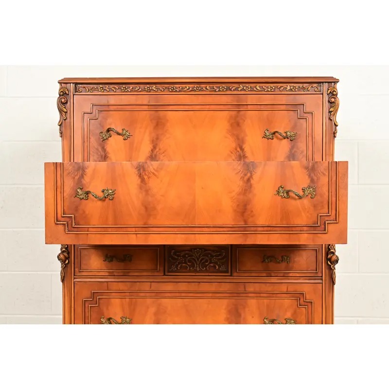 Romweber Style Antique French Provincial Louis XV Carved Satinwood and Burl Wood Highboy Dresser, Circa 1920s - Image 5
