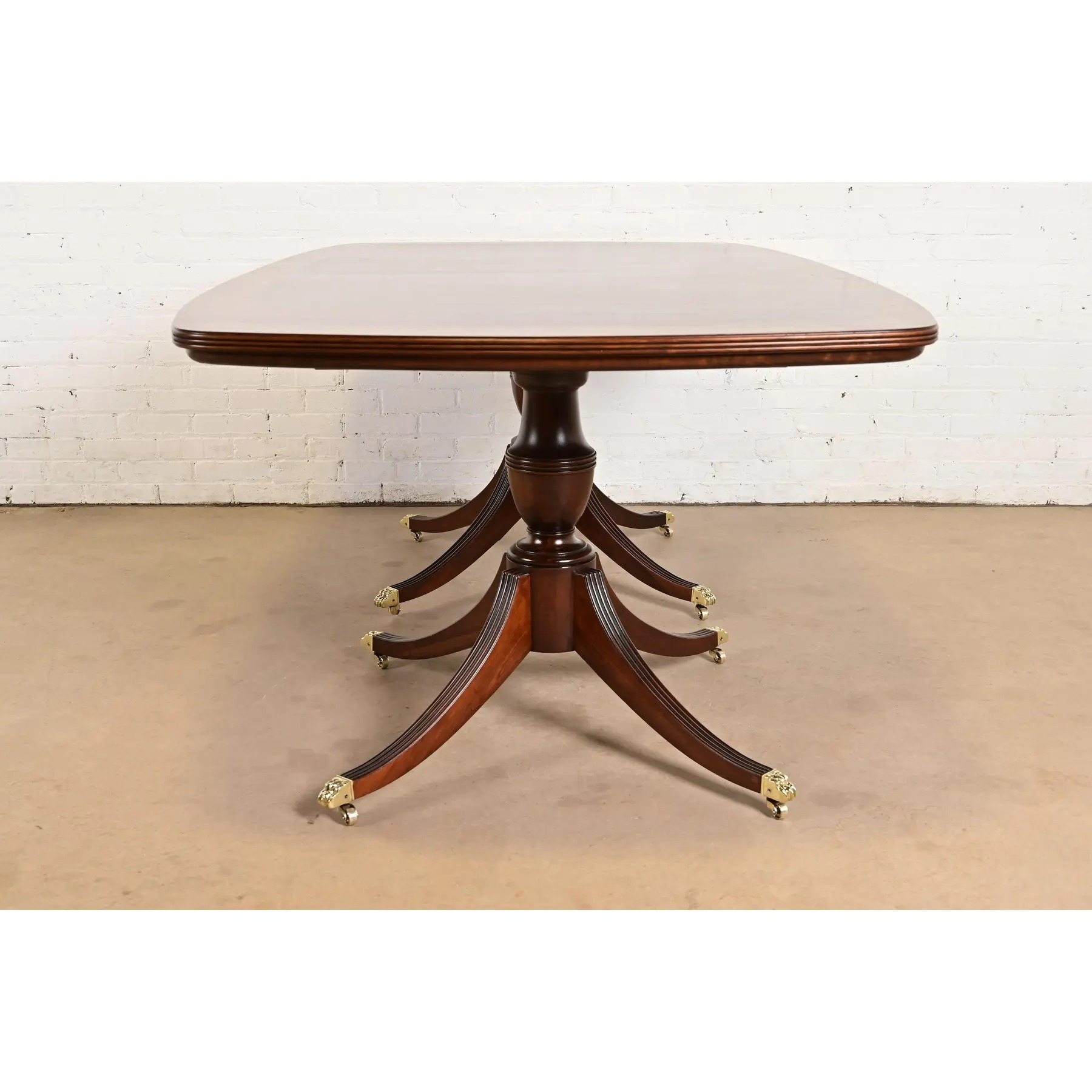 John Widdicomb Georgian Banded Mahogany Double Pedestal Extension Dining Table, Newly Refinished - Image 12