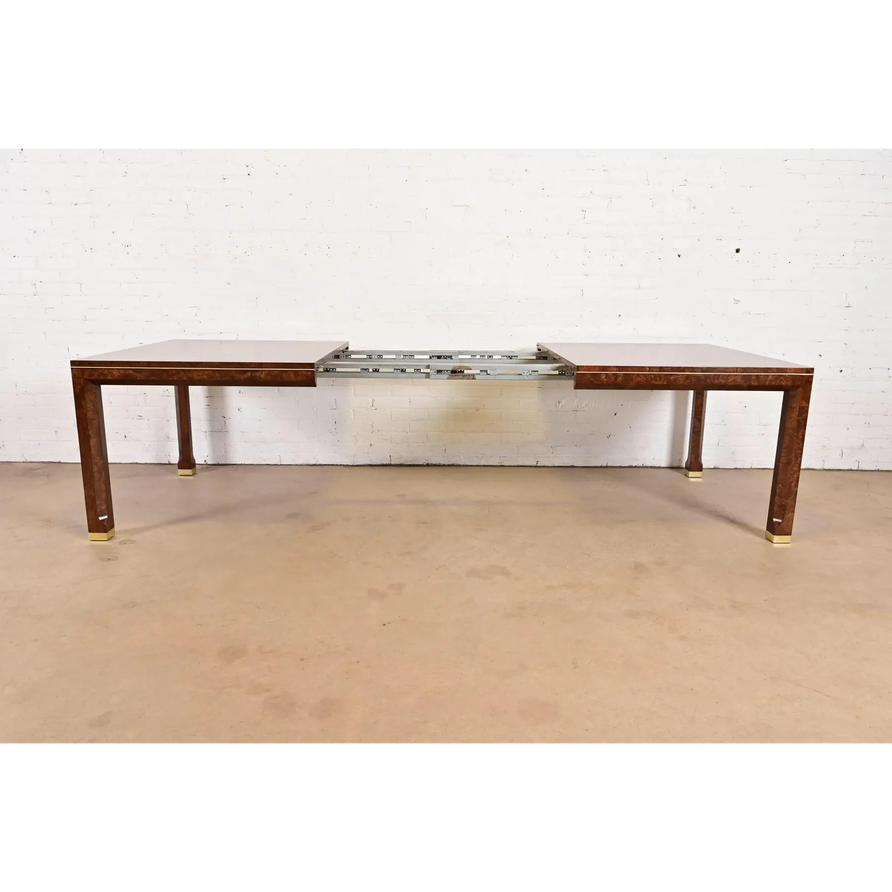 William Doezema for Mastercraft Mid-Century Modern Burl Wood Extension Dining Table, Newly Refinished - Image 8