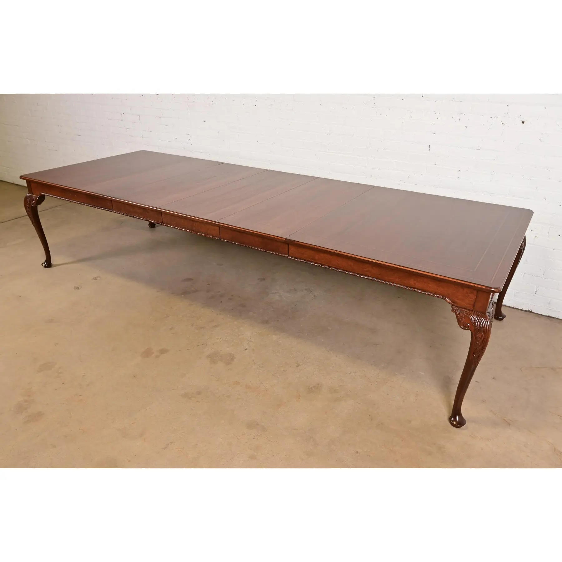 Baker Furniture Stately Homes Chippendale Burled Walnut Extension Dining Table, Newly Refinished