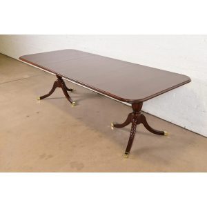 Baker Furniture Style Georgian Banded Mahogany Double Pedestal Extension Dining Table, Newly Refinished