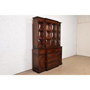 Baker Furniture Style Georgian Mahogany Bubble Glass Breakfront Bookcase Cabinet With Drop Front Secretary Desk, Circa 1940s