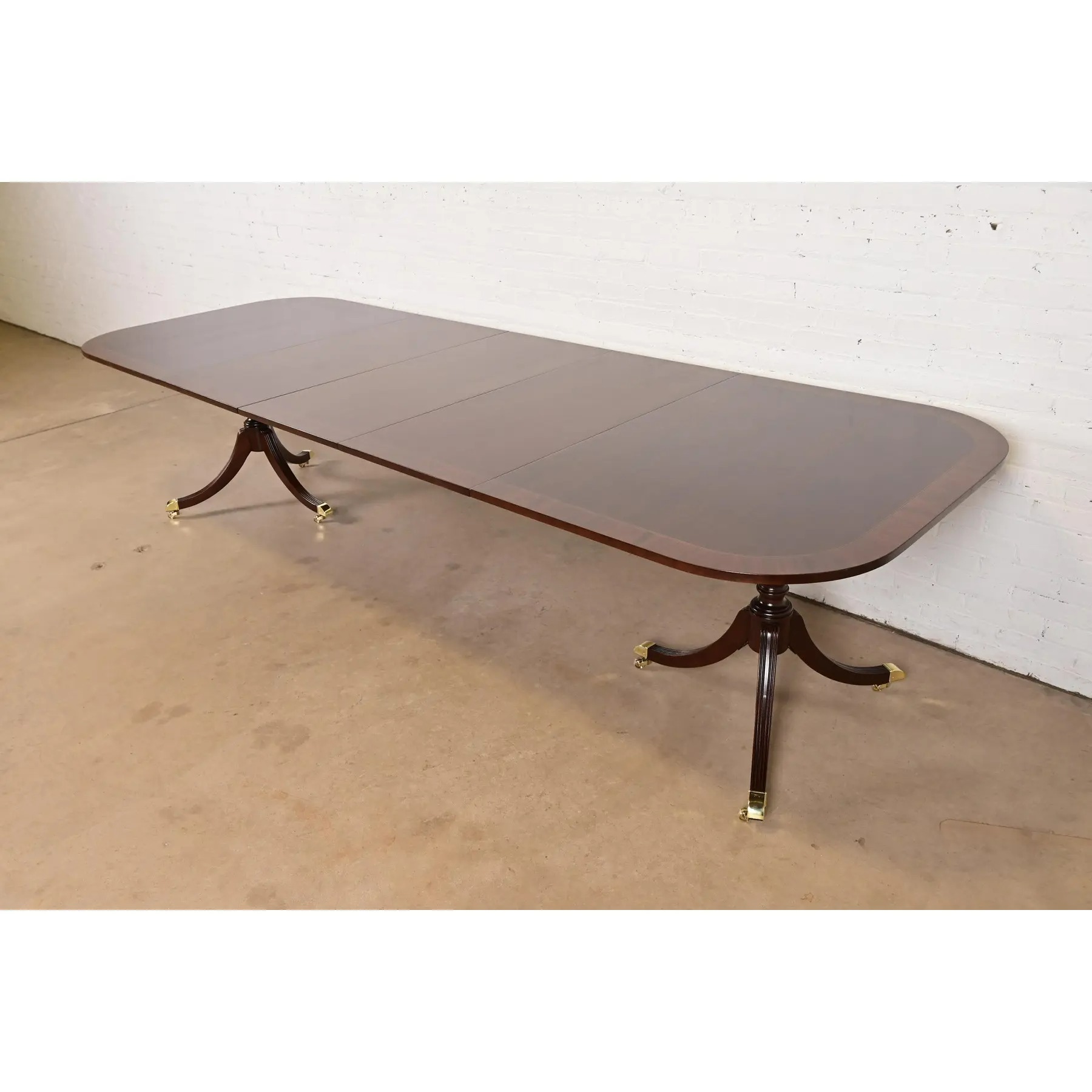 Councill Furniture Georgian Banded Mahogany Double Pedestal Extension Dining Table, Newly Refinished