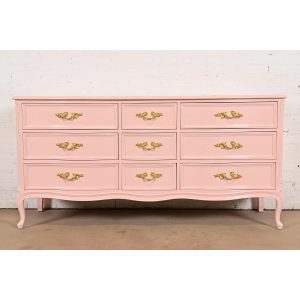 Henredon French Provincial Louis XV Pink Lacquered Triple Dresser, Newly Refinished