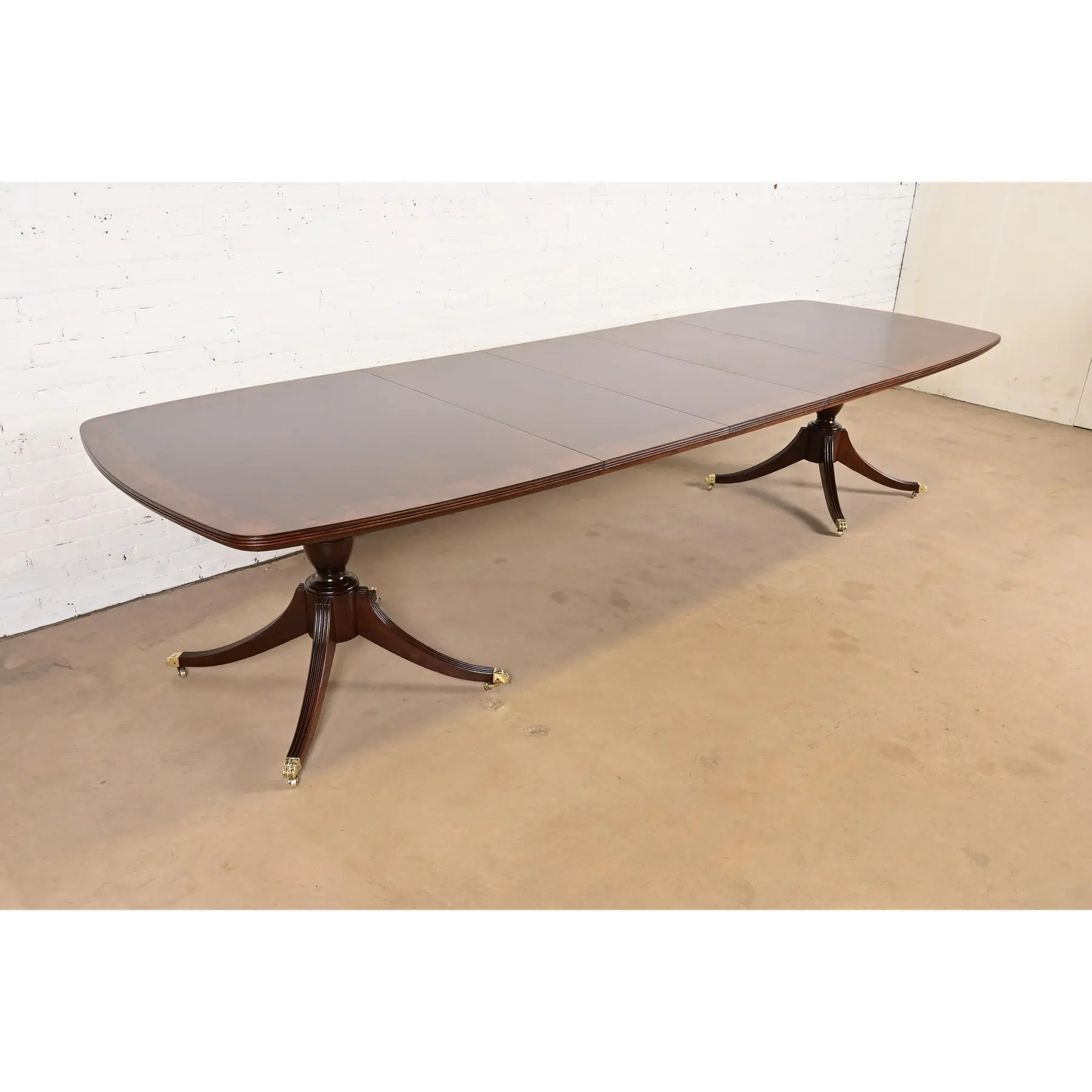 John Widdicomb Georgian Banded Mahogany Double Pedestal Extension Dining Table, Newly Refinished