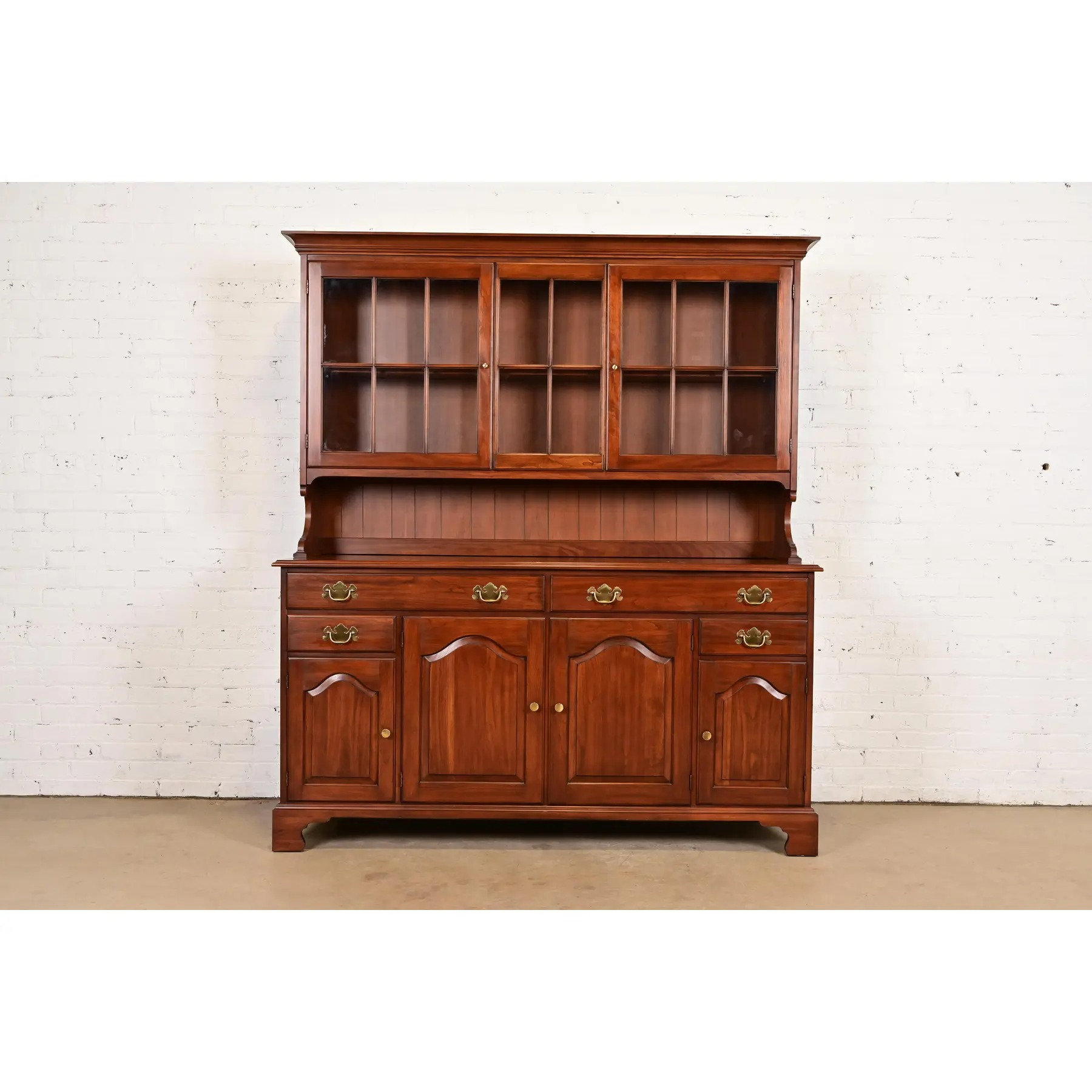 Henkel Harris American Colonial Solid Cherry Wood Breakfront or Sideboard Buffet With Hutch Top, 1977