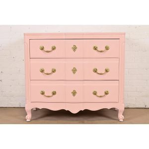 John Widdicomb French Provincial Louis XV Pink Lacquered Commode or Chest of Drawers, Newly Refinished