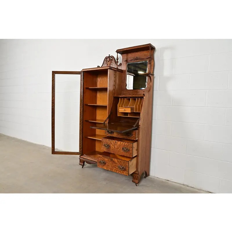 Antique Victorian Carved Tiger Oak Side-by-Side Bookcase With Drop Front Secretary Desk, Circa 1900 - Image 6