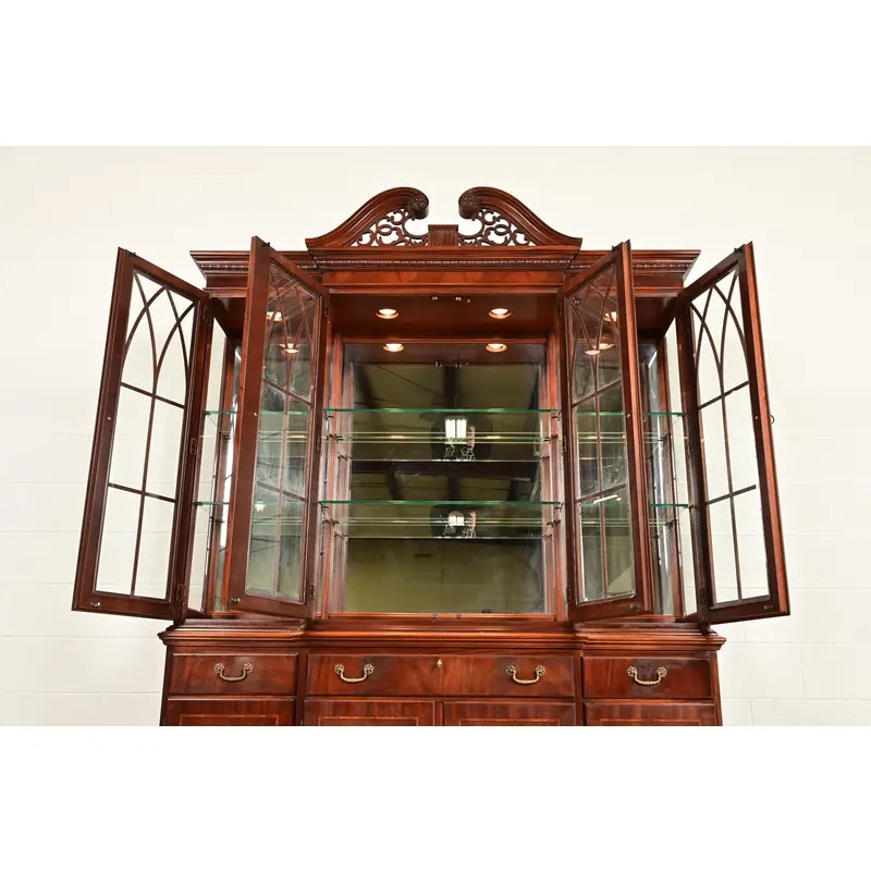 Ethan Allen Georgian Inlaid Mahogany Lighted Breakfront Bookcase Cabinet - Image 6