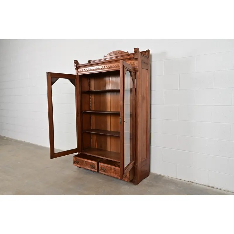 Herter Brothers Style Antique Eastlake Victorian Carved Burled Walnut Bookcase, Circa 1880s - Image 6