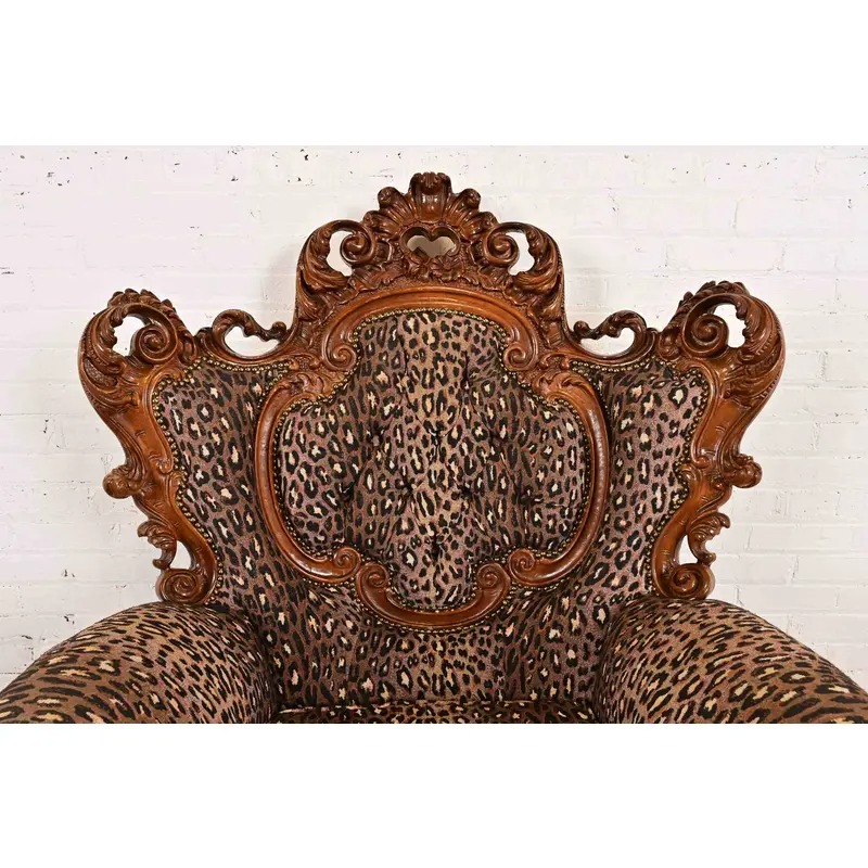 Italian Baroque Ornate Carved Walnut Throne Chairs or Lounge Chairs With Leopard Print Upholstery - Image 6