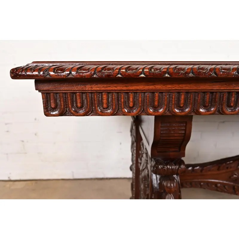 R. J. Horner Style Antique Italian Renaissance Carved Walnut Desk or Library Table With Lion Paw Feet, Circa 1890s - Image 6