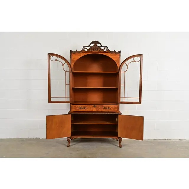 Romweber French Provincial Louis XV Burl Wood Breakfront Bookcase Cabinet, Circa 1920s - Image 5