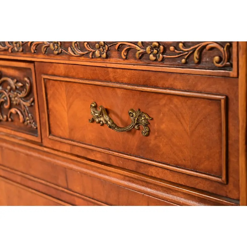 Romweber Style Antique French Provincial Louis XV Carved Satinwood and Burl Wood Highboy Dresser, Circa 1920s - Image 6