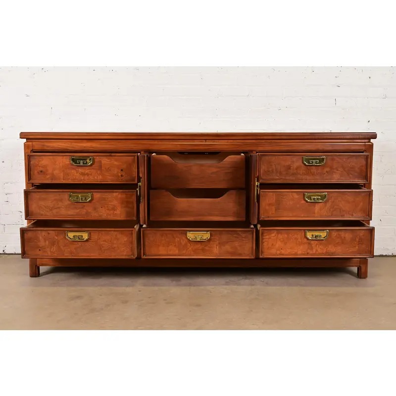 Thomasville Mid-Century Hollywood Regency Chinoiserie Burl Wood Long Dresser or Credenza, Circa 1970s - Image 6