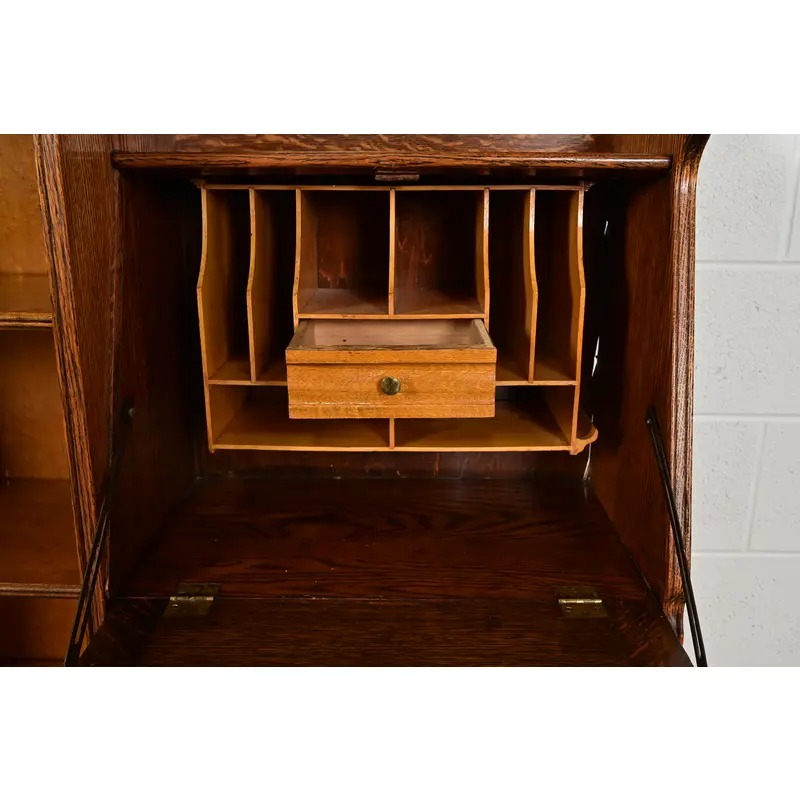 Antique Victorian Carved Tiger Oak Side-by-Side Bookcase With Drop Front Secretary Desk, Circa 1900 - Image 7