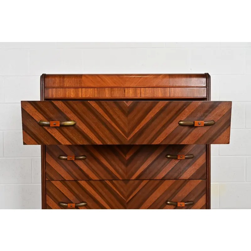 Donald Deskey Style Antique Art Deco Inlaid Walnut Waterfall Highboy Dresser or Chest of Drawers, Circa 1930s - Image 7