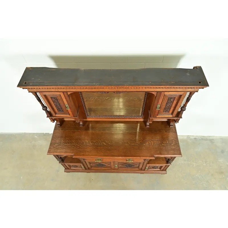 Herter Brothers Style Antique English Victorian Carved Oak Mirrored Back Bar or Sideboard, Circa 1890s - Image 7