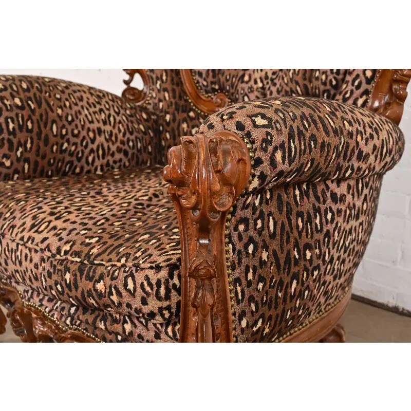 Italian Baroque Ornate Carved Walnut Throne Chair or Lounge Chair With Leopard Print Upholstery - Image 7