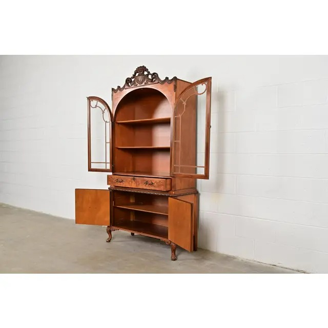Romweber French Provincial Louis XV Burl Wood Breakfront Bookcase Cabinet, Circa 1920s - Image 6