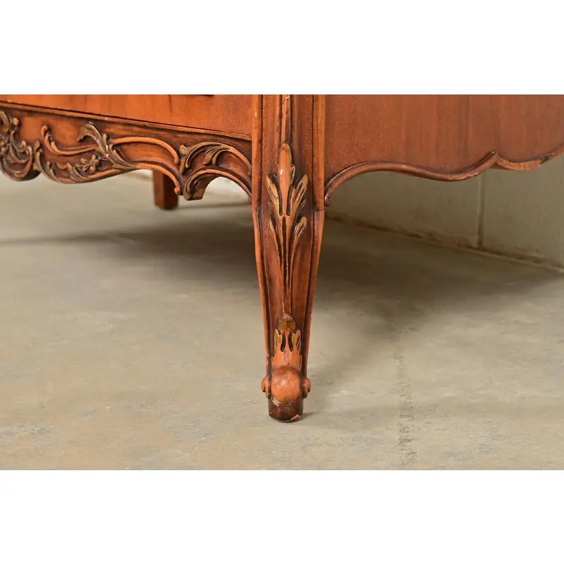 Romweber Style Antique French Provincial Louis XV Carved Satinwood and Burl Wood Highboy Dresser, Circa 1920s - Image 7