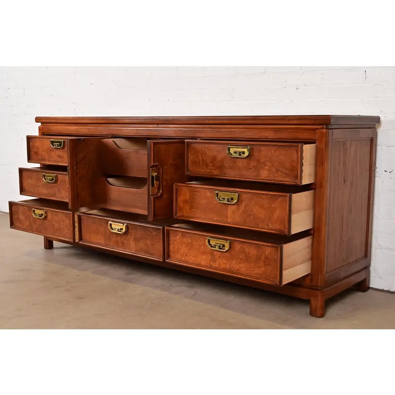Thomasville Mid-Century Hollywood Regency Chinoiserie Burl Wood Long Dresser or Credenza, Circa 1970s - Image 7