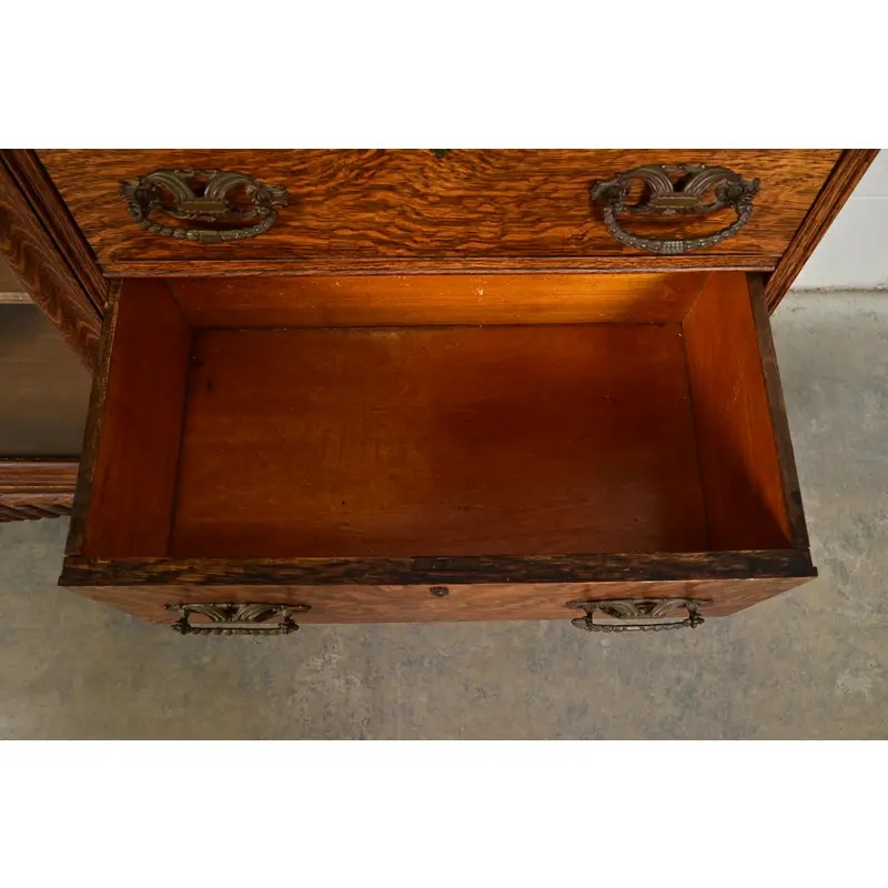 Antique Victorian Carved Tiger Oak Side-by-Side Bookcase With Drop Front Secretary Desk, Circa 1900 - Image 8