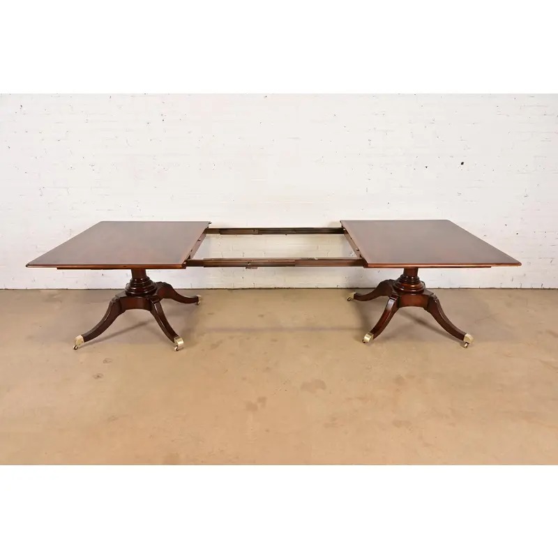 Baker Furniture Style Georgian Banded Mahogany Double Pedestal Extension Dining Table, Newly Refinished - Image 8