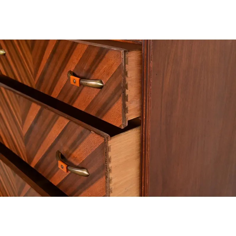 Donald Deskey Style Antique Art Deco Inlaid Walnut Waterfall Highboy Dresser or Chest of Drawers, Circa 1930s - Image 8