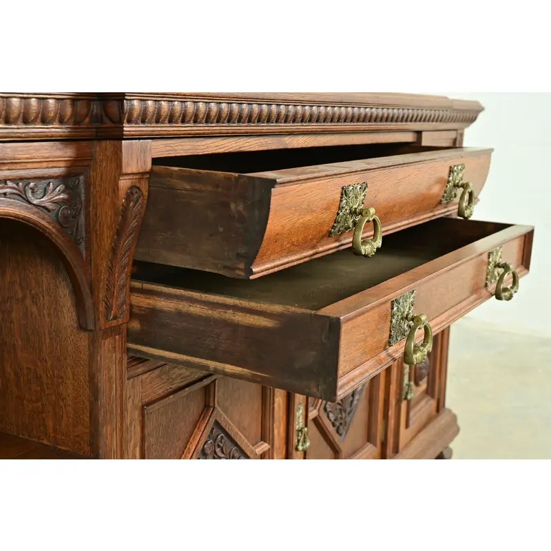 Herter Brothers Style Antique English Victorian Carved Oak Mirrored Back Bar or Sideboard, Circa 1890s - Image 8