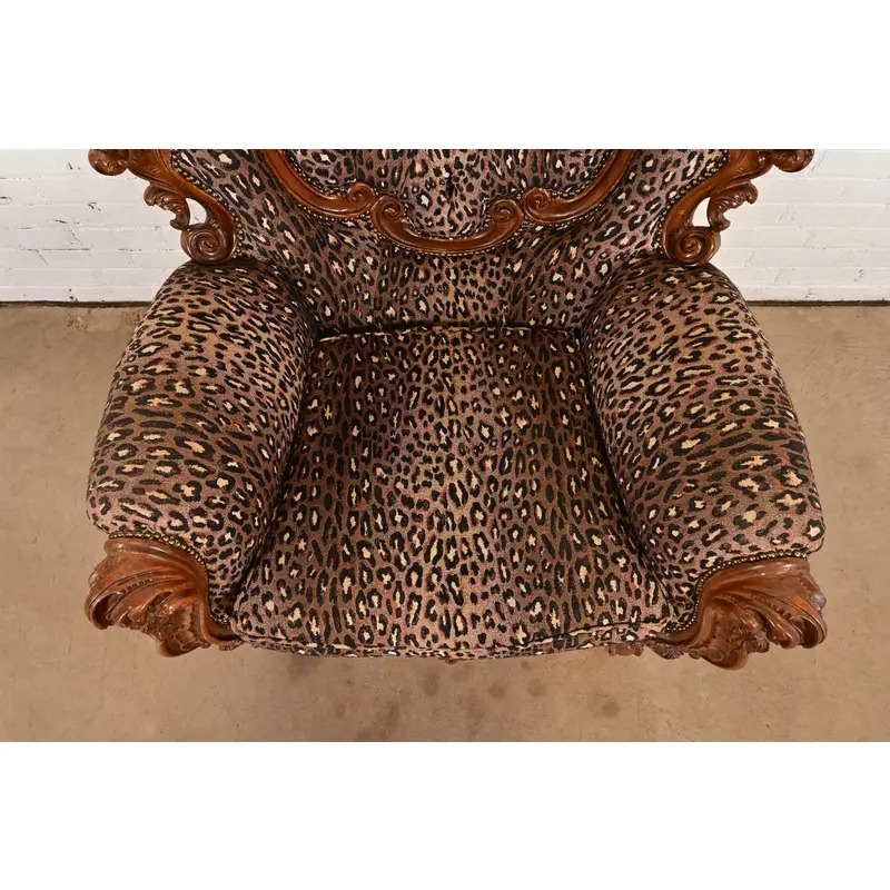 Italian Baroque Ornate Carved Walnut Throne Chair or Lounge Chair With Leopard Print Upholstery - Image 8