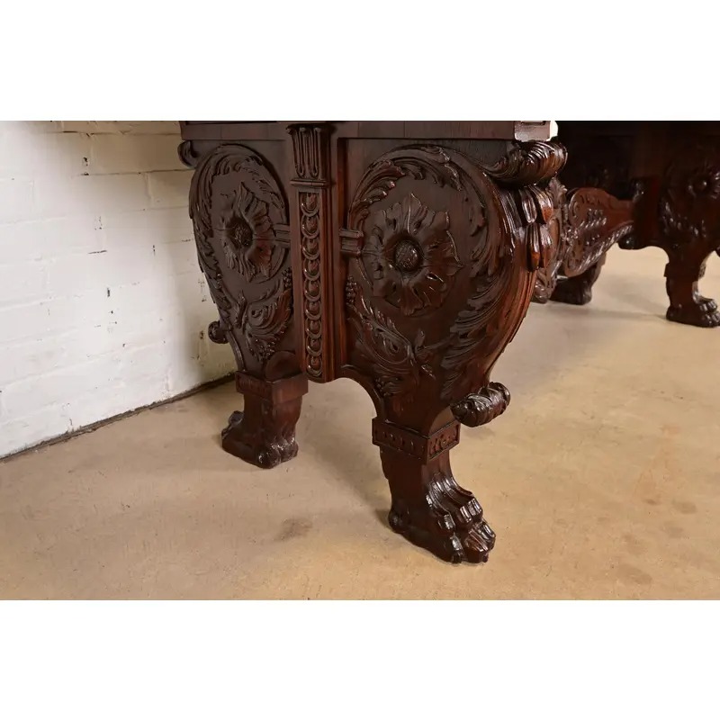 R. J. Horner Style Antique Italian Renaissance Carved Walnut Desk or Library Table With Lion Paw Feet, Circa 1890s - Image 8