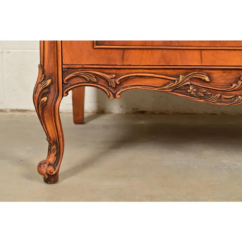 Romweber Style Antique French Provincial Louis XV Carved Satinwood and Burl Wood Highboy Dresser, Circa 1920s - Image 8